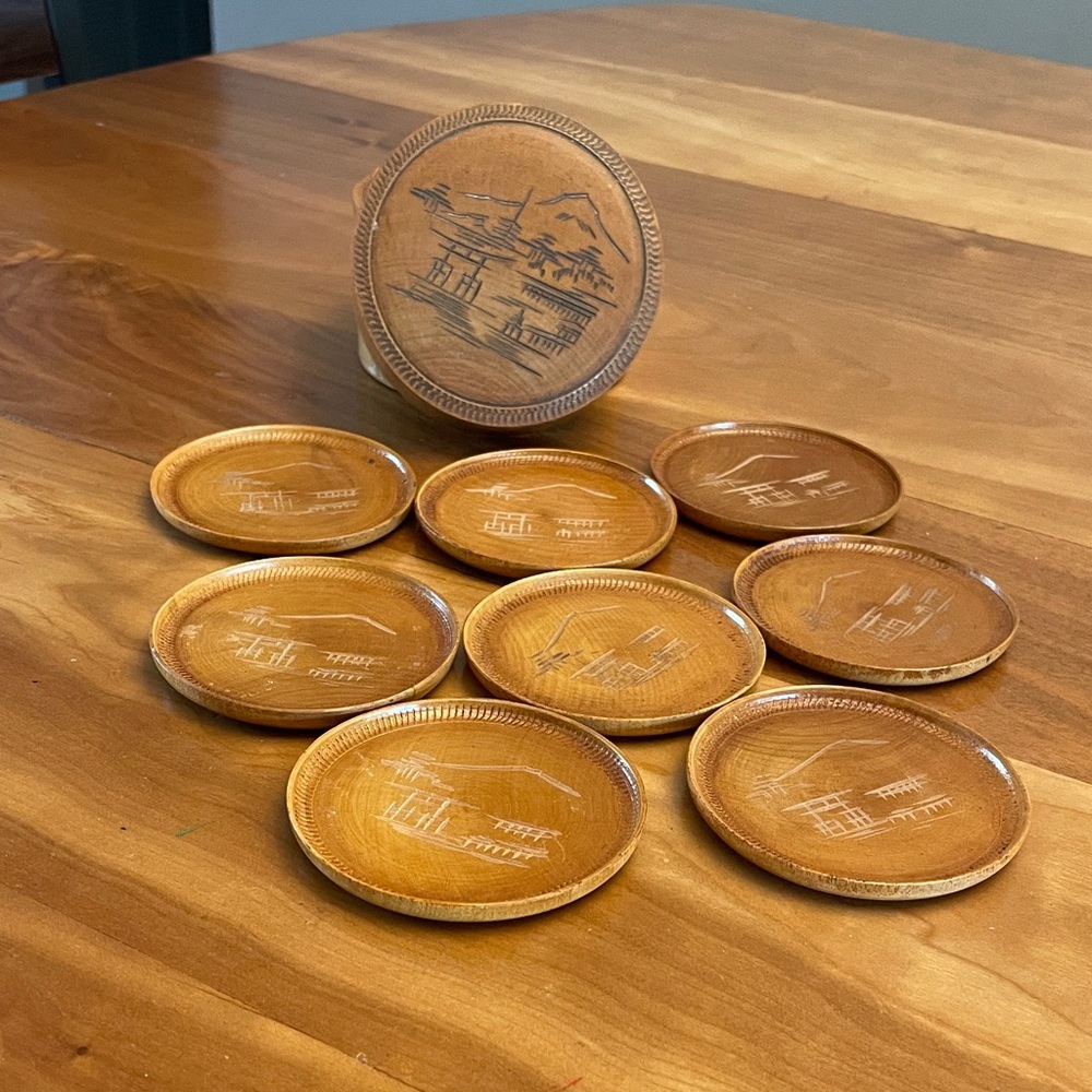Wooden Coasters with Engraved Design, vintage